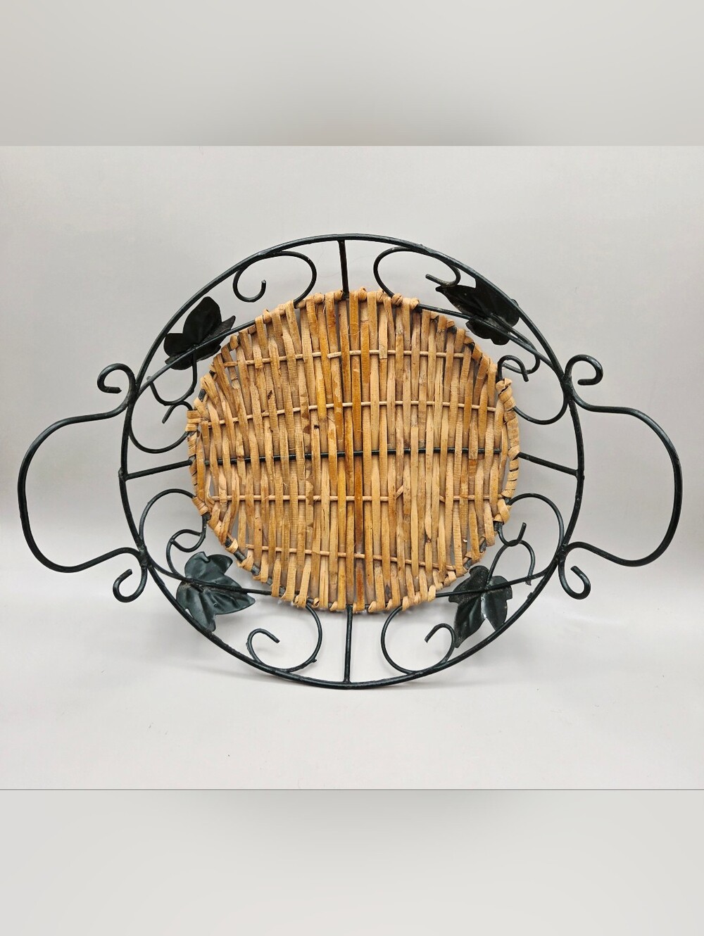Vintage Wicker & Metal Decorative Tray with Leaf Accents